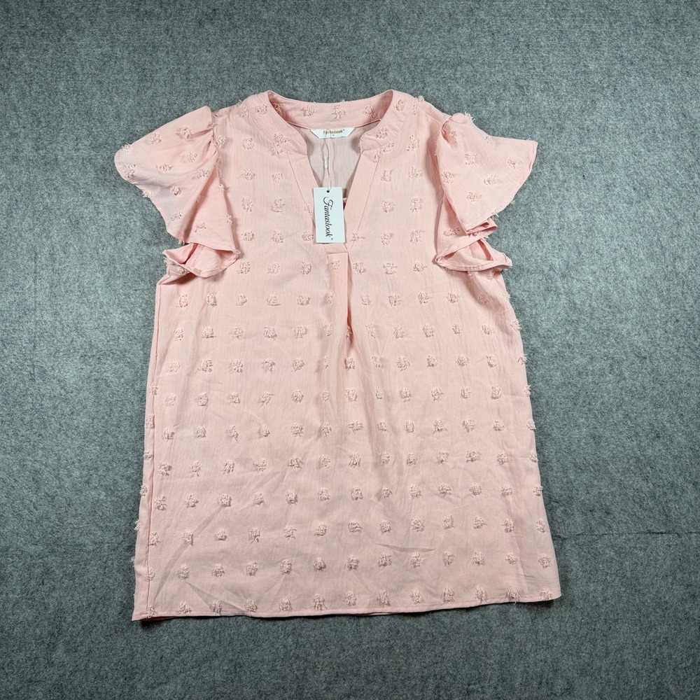Fantaslook Women V Neck Flutter Sleeve Blouse M Pink Swiss Dot Textured Top